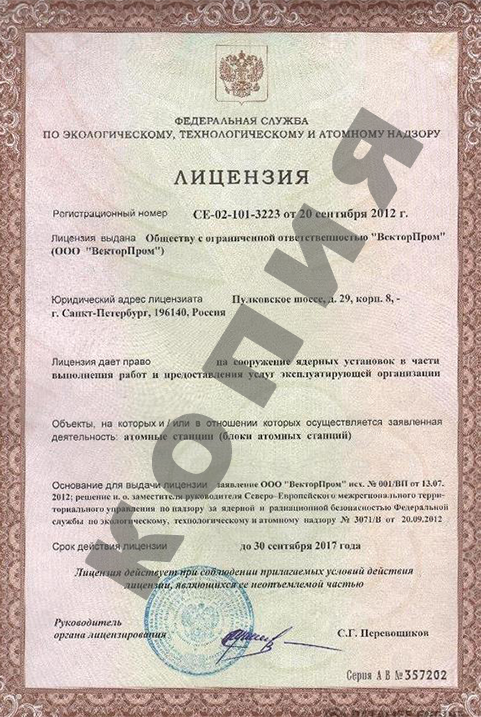 Атомная лицензия Ростехнадзора. Образец