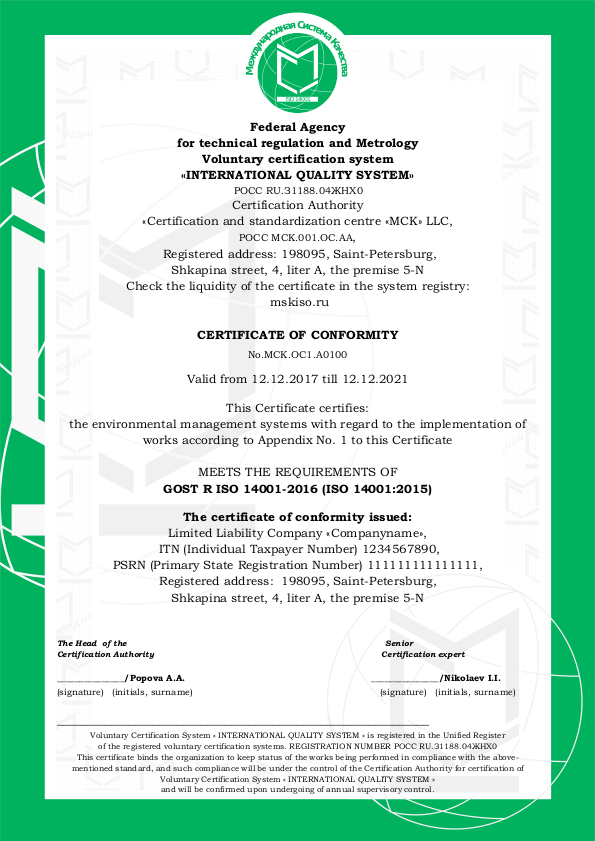 Сертификат соответствия ИСО 14001. Образец 5. EN